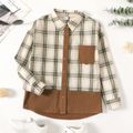 Kid Boy Lapel Collar Pocket Button Design Plaid Colorblock Long-sleeve Shirt greenwhite