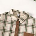 Kid Boy Lapel Collar Pocket Button Design Plaid Colorblock Long-sleeve Shirt greenwhite