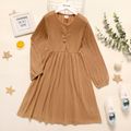Kid Girl Cable Knit Textured Button Design Long-sleeve Dress Khaki image 1