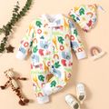 2pcs Baby All Over Cartoon Animals Print White Long-sleeve Jumpsuit Set White