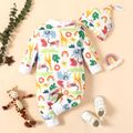 2pcs Baby All Over Cartoon Animals Print White Long-sleeve Jumpsuit Set White