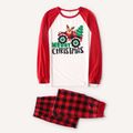 Christmas Cartoon Car and Letter Print Family Matching Raglan Long-sleeve Plaid Pajamas Sets (Flame Resistant) Red/White