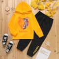 2-piece Kid Boy Letter Animal Print Fleece Lined Hoodie Sweatshirt and Pants Set Yellow image 1