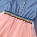 Kid Girl Lapel Collar Button Design Striped Denim Color Mesh Splice Long-sleeve Dress lightskyblue