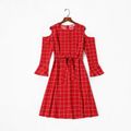 Christmas Red Plaid Cold Shoulder Long-sleeve Belted Dress for Mom and Me Red
