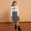 Kid Girl Pearl Design Tweed Plaid Stitching Long-sleeve Dress Black/White