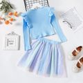 2-piece Kid Girl Heart Embroidered Ruffled Ribbed Long-sleeve Top and Colorful Mesh Skirt Set Blue