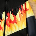 Kid Boy Fire Flame Print Zipper Stand Collar Fuzzy Coat Black