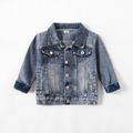Light Blue Lapel Button Down Long-sleeve Distressed Denim Jacket for Siblings Blue