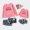 Letter Print Pink Splicing Lace Long-sleeve Sweatshirts for Mom and Me Pink