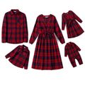 Christmas Red Plaid Family Matching V Neck Long-sleeve Dresses and Shirts Sets red