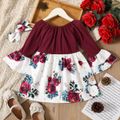Toddler Girl Bowknot Design Ribbed Floral Print Splice Layered Long Bell sleeves Dress Multi-color