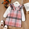 2-piece Toddler Girl Long-sleeve White Top and Ruffled Plaid Overall Dress Set Pink