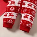 Baby Boy Christmas Deer Snowflake Pattern Colorblock Fuzzy Hooded Jumpsuit Red