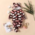 Baby Girl All Over Cloud Print Coffee Thickened Flannel 3D Ears Hooded Long-sleeve Footed Jumpsuit Coffee
