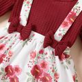 2pcs Baby Girl Solid Waffle Long-sleeve Romper and Floral Print Suspender Skirt Set Burgundy