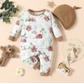 2pcs Baby Girl All Over Animal and Plant Print White Long-sleeve Jumpsuit Set Color block