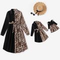 Black Splicing Leopard Lapel Long-sleeve Belted Shirt Dress for Mom and Me Black