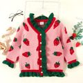 Toddler Girl Fruit Strawberry Pattern Ruffled Button Design Sweater Jacket Pink