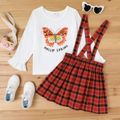 2-piece Kid Girl Letter Butterfly Print Long Bell sleeves White Tee and Plaid Suspender Skirt Set Red