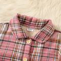 Kid Girl Plaid Lapel Collar Button Design Fleece Lined Shirt Pink