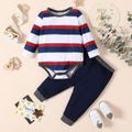 2pcs Baby Boy Striped Long-sleeve Romper and Solid Trousers Set Grey image 4