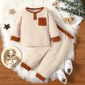 2pcs Baby Boy Color Block Waffle Loungewear Top and Trousers Set Apricot