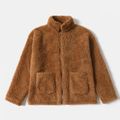 Brown Solid Thickened Fleece Long-sleeve Zip Placket Stand Collar Jackets for Mom and Me Brown