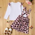 2-piece Kid Girl Butterfly Leopard Print Long-sleeve White Top and Suspender Skirt Set Pink