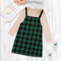 2-piece Kid Girl Long-sleeve Ribbed Top and Button Design Plaid Overall Dress Set Dark Green