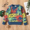 Dinosaur Allover Color Block Long-sleeve Army Green or Blue Toddler Sweater Top Blue