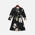 Allover Floral Print Long-sleeve Belted Dress for Mom and Me Black