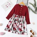 Kid Girl Ruffled Button Design Floral Print Splice Long-sleeve Dress Red