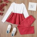 2-piece Kid Girl Striped Bowknot Belted Peplum Long-sleeve Top and Straight Pants Set Red