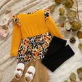 2-piece Toddler Girl Floral Print Faux-two Bowknot Design Long-sleeve Peplum Top and Black Pants Set Yellow