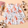 Toddler Girl Fox and Letter Allover Ruffle Decor Long-sleeve White Dress Colorful