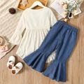 2-piece Toddler Girl Waffle Ruffled High Low Long-sleeve White Top and Flared Denim Jeans Set White