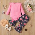 2pcs Baby Girl Hot Pink Ribbed Long-sleeve Romper and All Over Floral Print Layered Bell Bottom Pants Set Color block