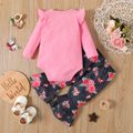 2pcs Baby Girl Hot Pink Ribbed Long-sleeve Romper and All Over Floral Print Layered Bell Bottom Pants Set Color block