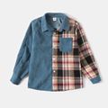 Blue Corduroy Splicing Plaid Long-sleeve Shirts for Dad and Me BLUE