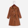Khaki Lapel Button Down Long-sleeve Belted Dress for Mom and Me Khaki