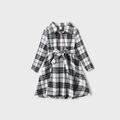 Plaid Print Button Half Placket Long-sleeve Belted Dress for Mom and Me Black/White