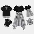 Family Matching Black Short-sleeve Splicing Plaid Dresses and Polo Shirts Sets Black/White