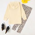2-piece Kid Girl Letter Cat Print Ear Design Hoodie Sweatshirt and Leopard Print Pants Set Apricot