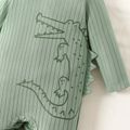 Baby Girl Cartoon Animal Print Solid Ribbed Long-sleeve Jumpsuit Light Green