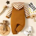 Baby Boy Brown Striped Splicing Long-sleeve Hooded Jumpsuit Brown