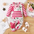 Baby Girl Hot Pink Floral Print Splicing Striped Long-sleeve Jumpsuit Color block