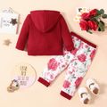 2pcs Baby Girl Wine Red Waffle Long-sleeve Hoodie and Floral Print Trousers Set Burgundy