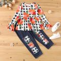 2-piece Kid Girl Floral Print Long Bell sleeves Peplum Top and Patchwork Denim Jeans Set White