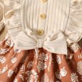 Toddler Girl Ruffled Ribbed Bowknot Design Floral Print Splice Long-sleeve Dress Brown image 4